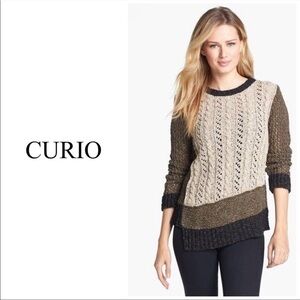 Curio New York Sweater Asymmetric Hem Olive Green Beige Wide Knit Women’s Small